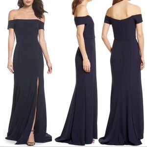 NEW Amsale Off the Shoulder Crepe Maxi Gown in Navy Blue, Size 0